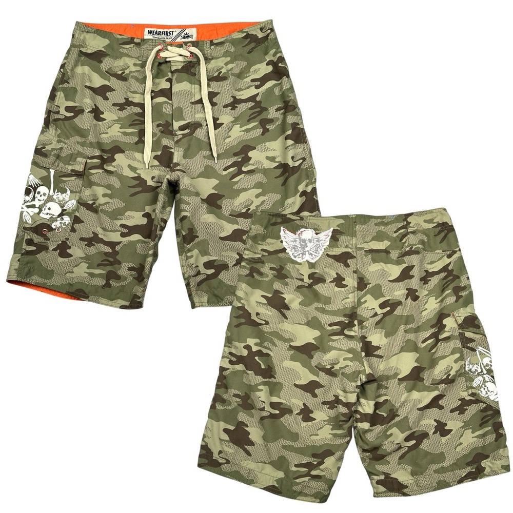 Mens Camo Cargo Board Shorts 36 Green Skulls 10" Swim Trunks Not Lined WearFirst